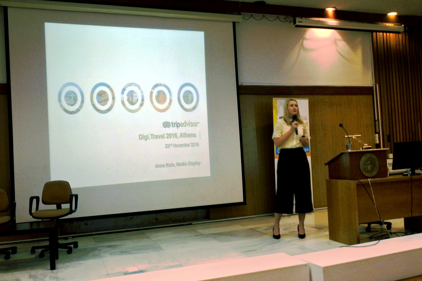 TripAdvisor's Anna Rufo discusses her company's value as a sales and marketing tool to the Digi.travel audience in Athens — Photo by Hospitality Net