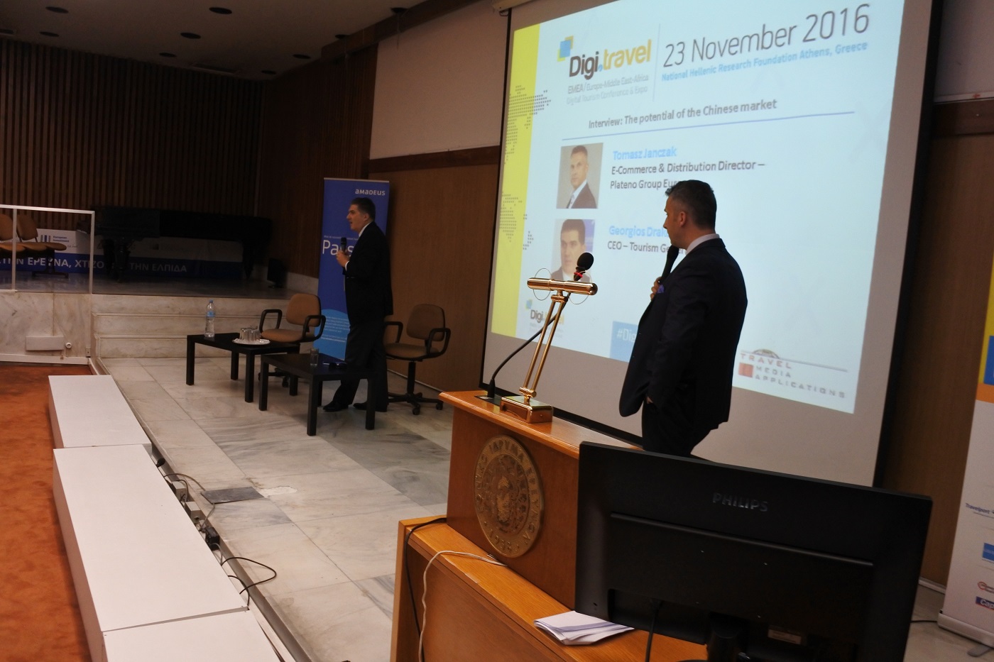 At left the President and CEO of Tourism Generis, George Drakopoulos with Plateno Group's Tomasz Janczak (right) in a panel brainstorming session at Digi.travel Athens — Photo by Hospitality Net