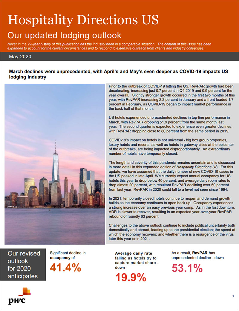 PwC Releases Updated U.S. Lodging Outlook Hospitality Directions US May 2020
