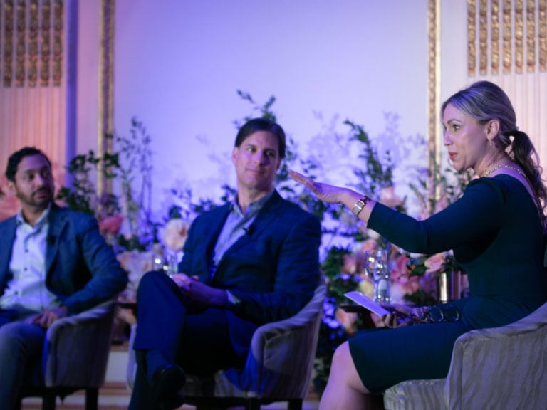 Andrea Foster (Marcus Hotels & Resorts) with Atit Jariwala (Bridgeton) and Clark Hanrattie (HEI Hotels & Resorts) — Photo by BLLA