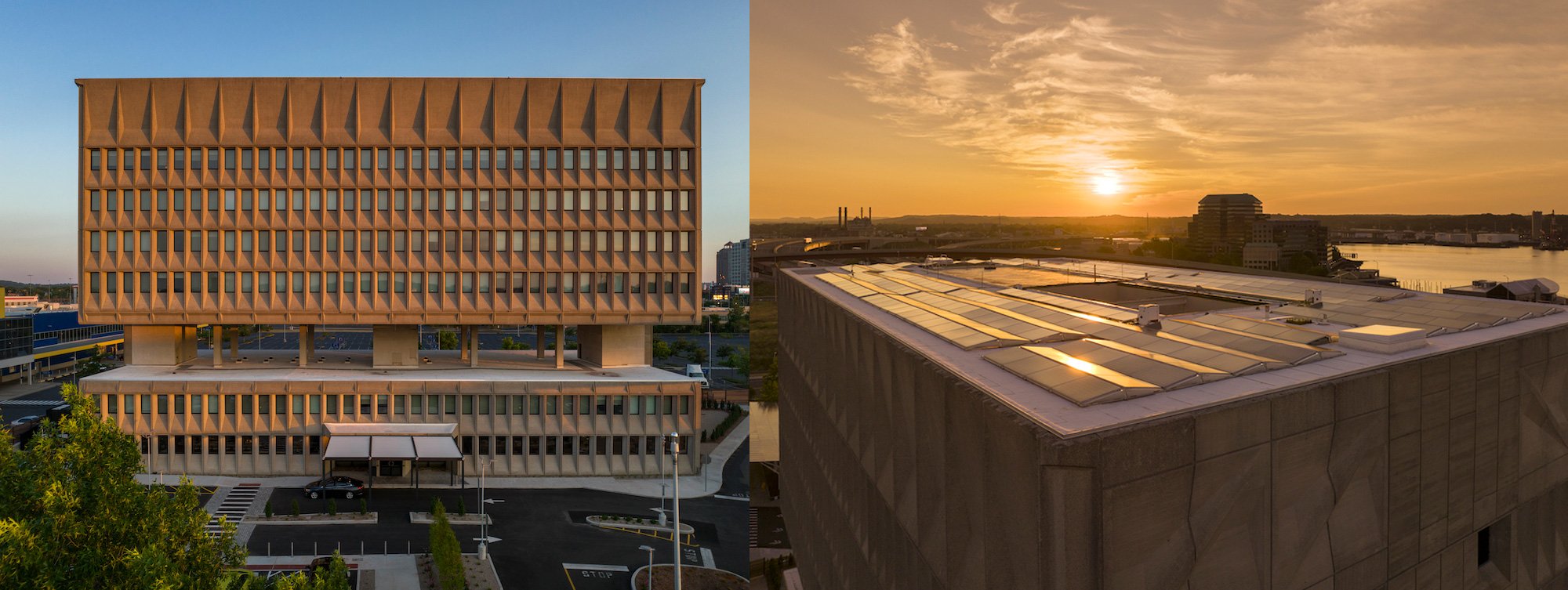 Hotel Marcel New Haven, Tapestry Collection by Hilton - Exterior (L) and Rooftop Solar Panels at Sunrise (R)— Photo by Hilton