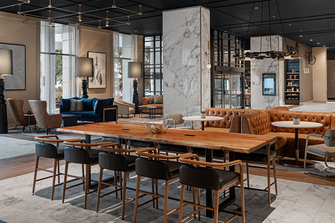 The height of the communal table at The Alloy in King of Prussia, Pennsylvania is ideal for guest use and comfort.— Photo by Nehmer and HVS Design