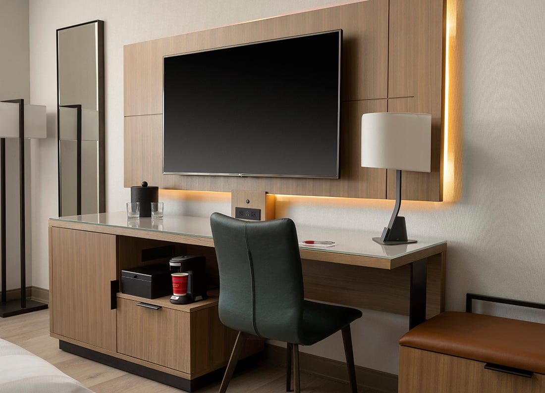 The room layout at the Marriott in Ft. Collins, Colorado demonstrates how the desk and TV can work in tandem.— Photo by Nehmer and HVS Design