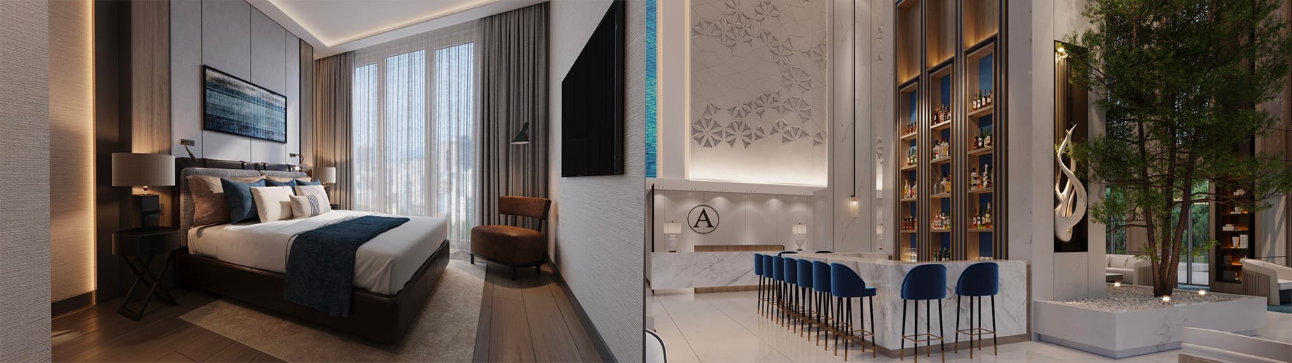 (l) DoubleTree by Hilton Hotel and Suites Istanbul Altunizade - Guest Room - (r) DoubleTree by Hilton Hotel and Suites Istanbul Altunizade - Lobby Bar— Photo by Hilton