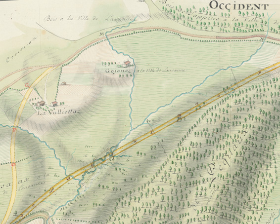 Figure 1: Excerpt of the map of the road from Bern to Lausanne via the Jorat, 1746. [Excerpt from the map of the road from Bern to Lausanne via the Jorat, from 1746: ACV, Gc 537.]— Source: EHL