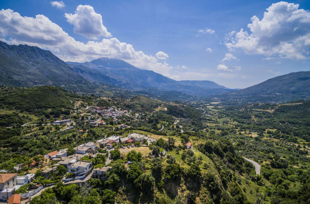 The Amari Valley with Thronos and Aravanes Tavern center stage— Photo by Pamil Visions PR