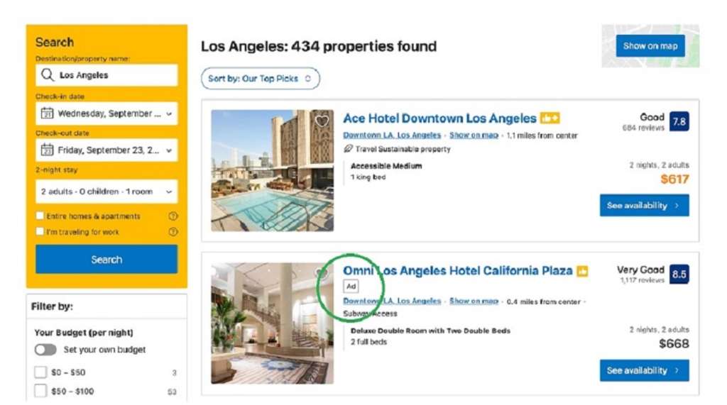 Example of B.com´s Native Ads showing in their search results, seen in the U.S. market.— Source: Xotels