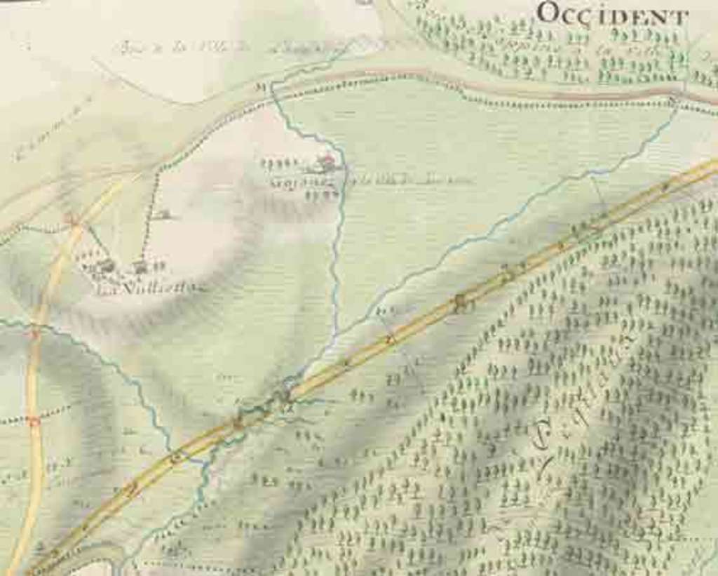 Figura 1: Extracto del mapa de la carretera de Berna a Lausana a través del Jorat, 1746. [Excerpt from the map of the road from Bern to Lausanne via the Jorat, from 1746: ACV, Gc 537.]— Fuente: EDH