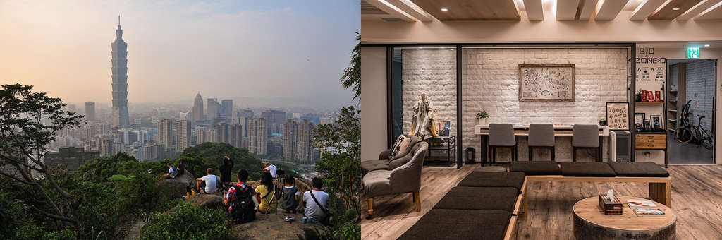 (l): View from Elephant Mountain – Taipei, Taiwan – (r): Taiwan Youth Hostel & Capsule Hotel — Photo by Booking.com