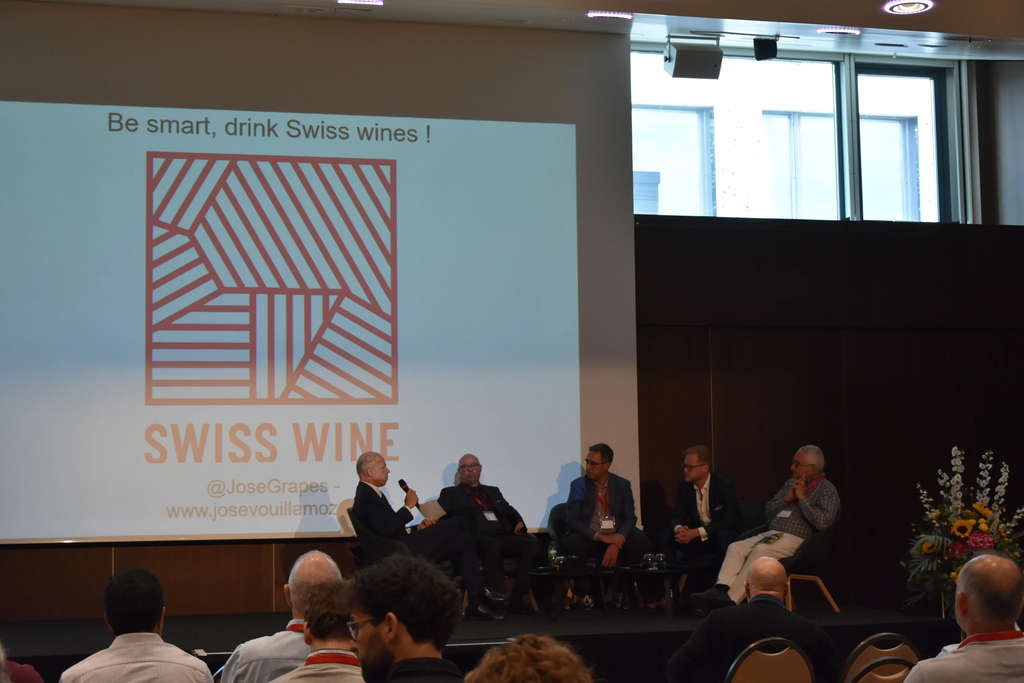 Panel discussion on the diversity in grapes varieties in the Swiss vineyards, at the AAWE Conference 2024, at EHL Campus Lausanne. — Photo by EHL