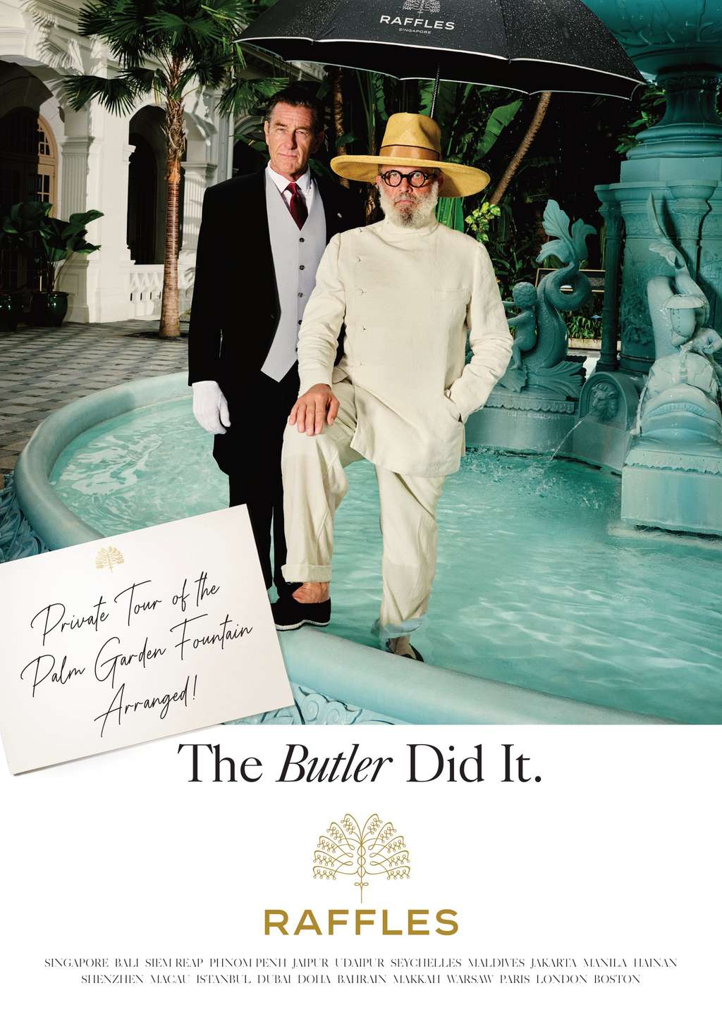 Tim Easton y Robert Rabensteiner en la fuente Palm Court del Raffles Singapore. Fuente: Accor