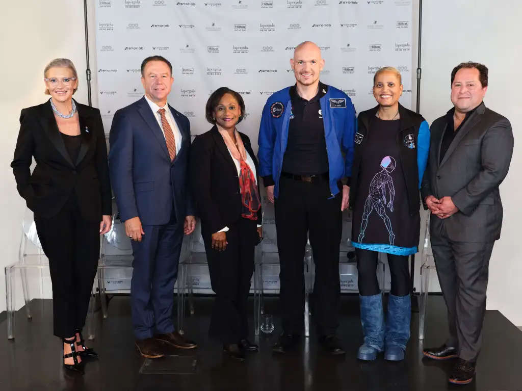 (L-R): Emma Banks, vice president, F&B Strategy & Development, EMEA, Hilton; Tim Kopra, CEO, Starlab; Vanessa Wyche, director, NASA’s Johnson Space Center; Alexander Gerst, ESA astronaut & geophysicist; Dr. Sian Proctor, astronaut, geoscientist & space artist; and Larry Traxler, senior vice president, Global Design Services, Hilton at the 75th International Aeronautical Congress in Milan, Italy. — Photo by Hilton